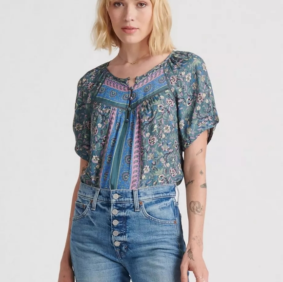 🍀NWOT Lucky Brand Print Puff Sleeve Blouse - Picture 1 of 6